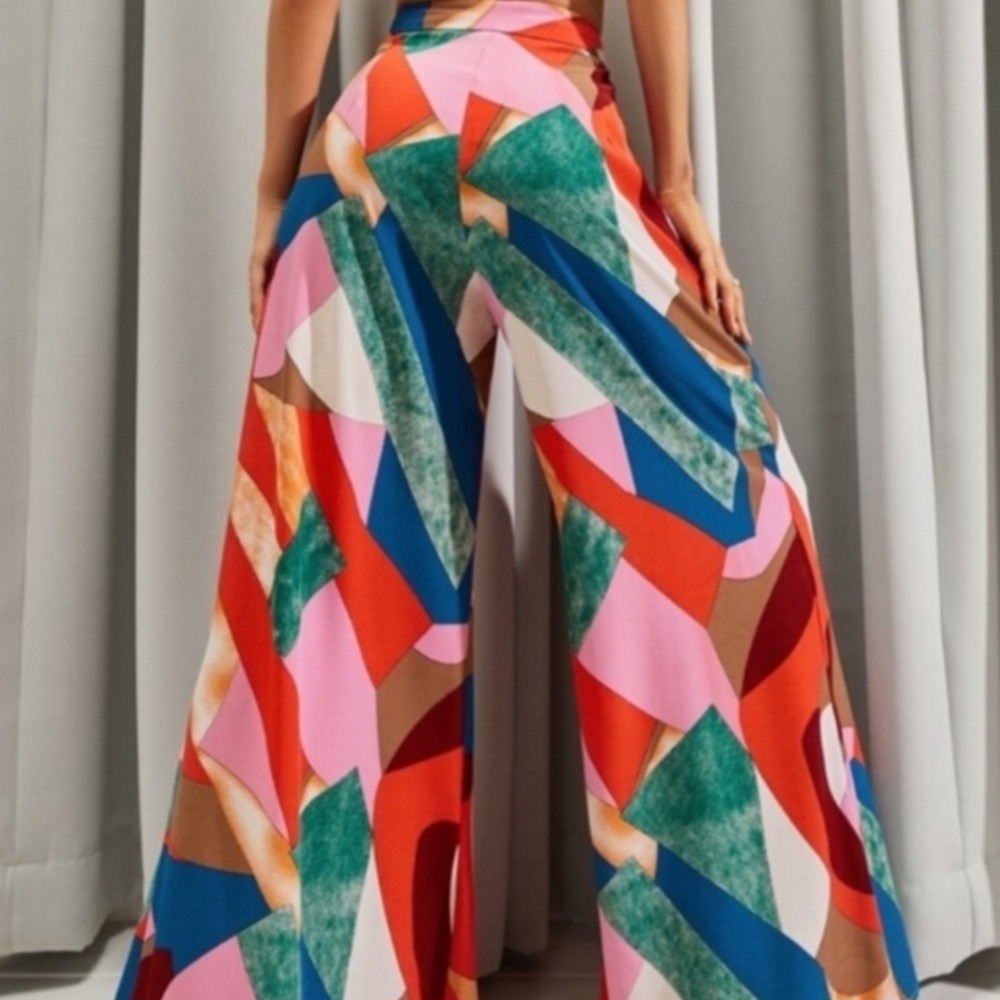 Luukse Wide Leg High Rise Pants Womens Sz Large Multicolour Geometric Print Boho - Picture 2 of 16